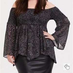 Torrid Babydoll Chiffon Smocked Off-Shoulder Top Animal Print Grey Black 4X